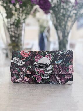 Ed Hardy Black Wallet Clutch with Pink and Green Floral Skull Print